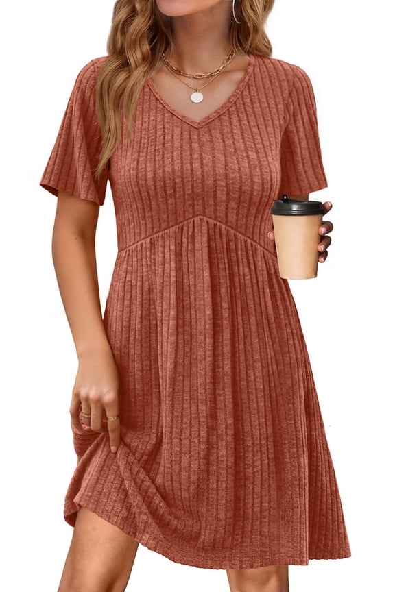 Short Sleeve Dresses for Women V Neck Summer Midi Dresses Empire Waist Tunic Casual Dress with Pockets