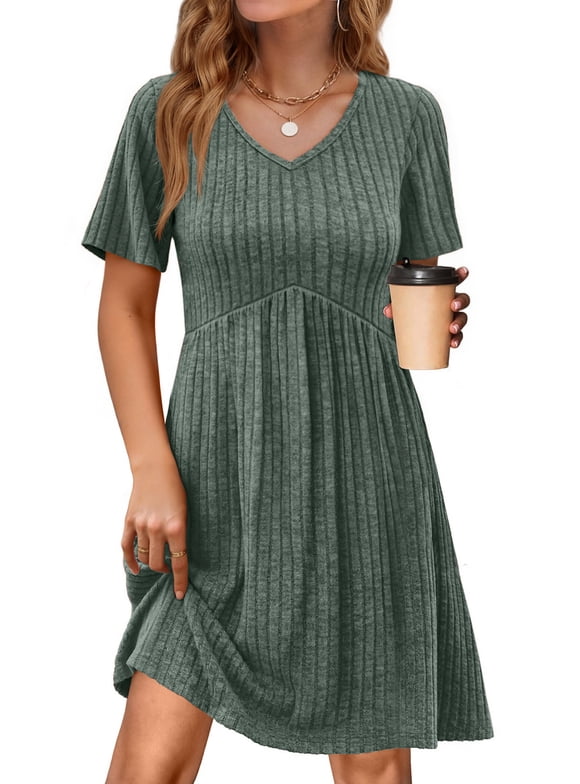 Short Sleeve Dresses for Women V Neck Summer Midi Dresses Empire Waist Tunic Casual Dress with Pockets
