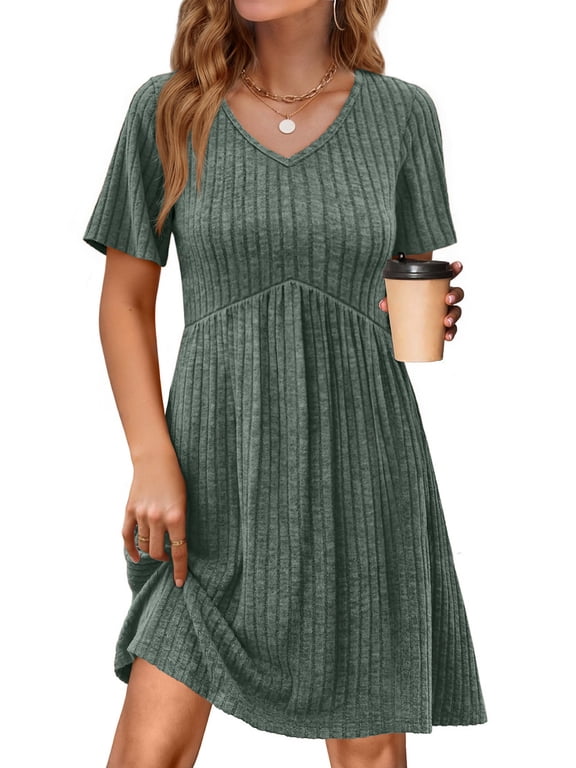 Short Sleeve Dresses for Women V Neck Summer Midi Dresses Empire Waist Tunic Casual Dress with Pockets