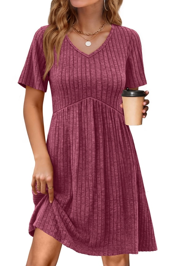 Short Sleeve Dresses for Women V Neck Summer Midi Dresses Empire Waist Tunic Casual Dress with Pockets