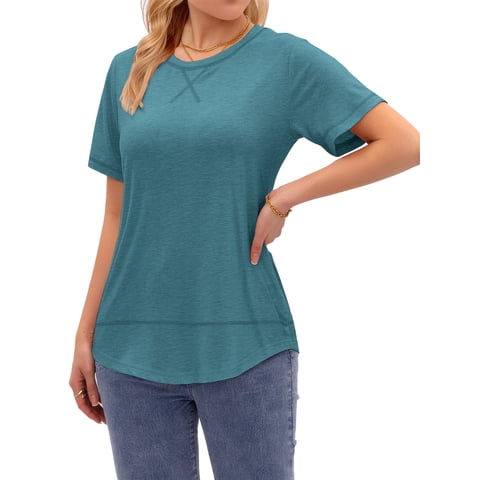 Women Tee Shirts Curved Hem Tunic Tops Casual T Shirt Basic Tees