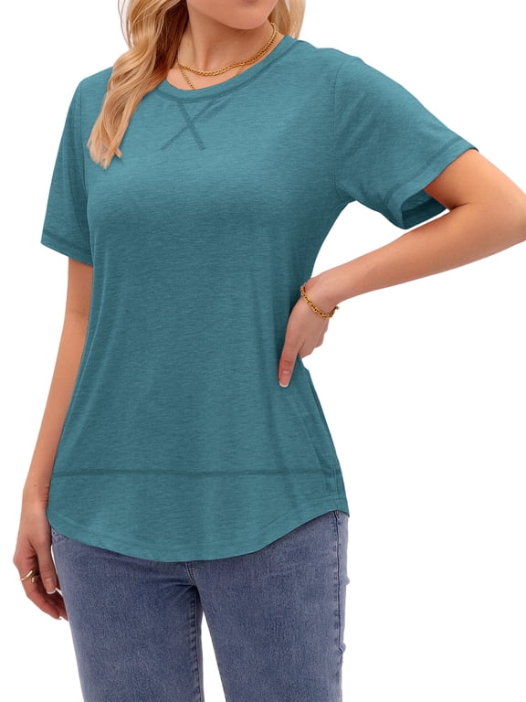 Women Tee Shirts Curved Hem Tunic Tops Casual T Shirt Basic Tees