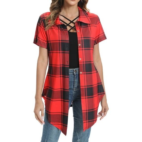 Fantaslook Short Sleeve Womens Button Down Shirts Casual Plaid Blouses Tunic Tops Irregular Hem