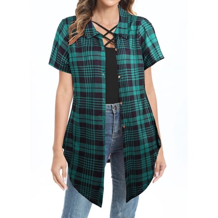 Fantaslook Short Sleeve Womens Button Down Shirts Casual Plaid Blouses Tunic Tops Irregular Hem