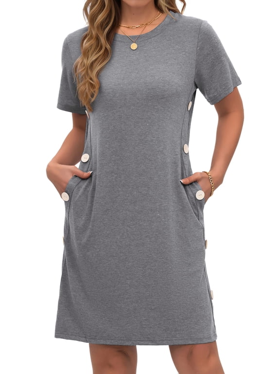 Short Sleeve Womens Summer Dresses Casual Button Tunic Dress with Pockets