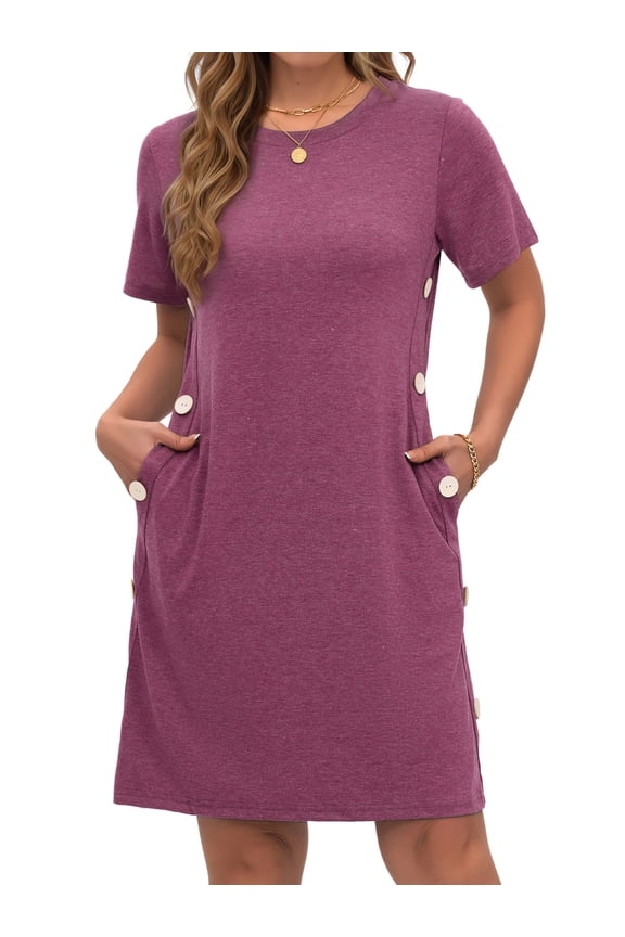 Short Sleeve Womens Summer Dresses Casual Button Tunic Dress with Pockets