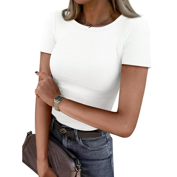 Fantaslook Slim Fit Tops for Women Short Sleeve Crew Neck Shirts Stretch Basic Casual T Shirts