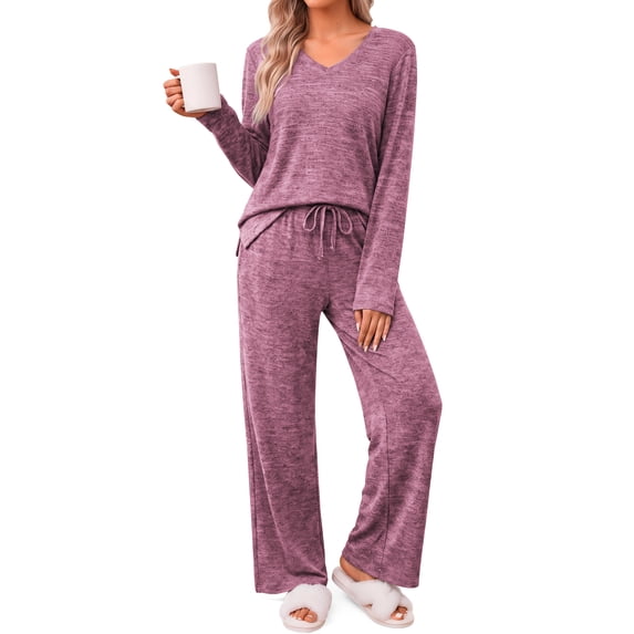Fantaslook Soft Pajamas for Women Set Side Slits Long Sleeve Sleepwear 2 Piece Lounge Sets with Pockets