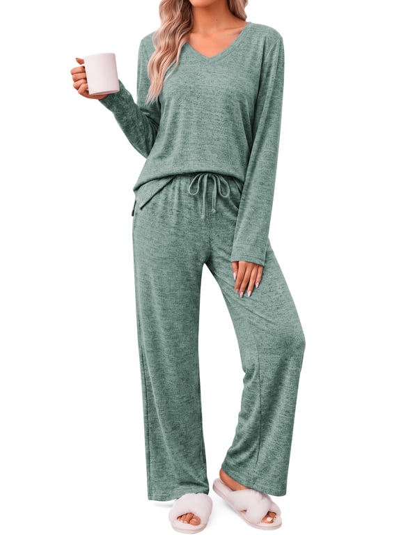 Soft Pajamas for Women Set Side Slits Long Sleeve Sleepwear 2 Piece Lounge Sets with Pockets