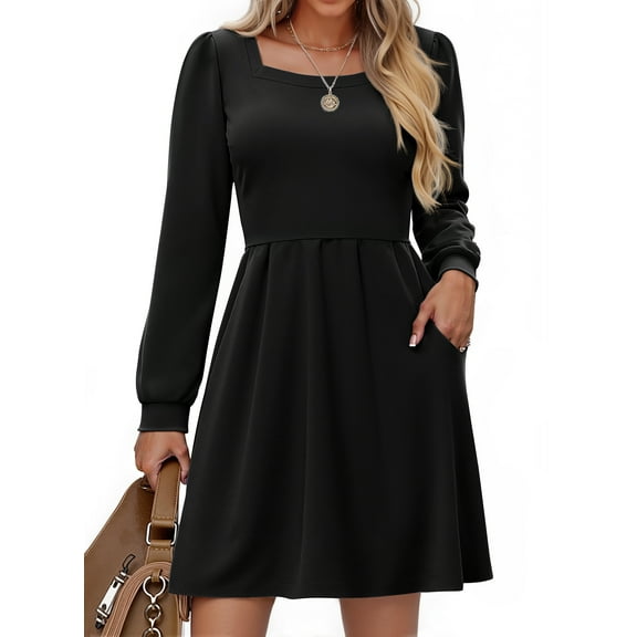 Fantaslook Square Neck Long Sleeve Dresses for Women Casual Trendy Sweater Dress with Pockets
