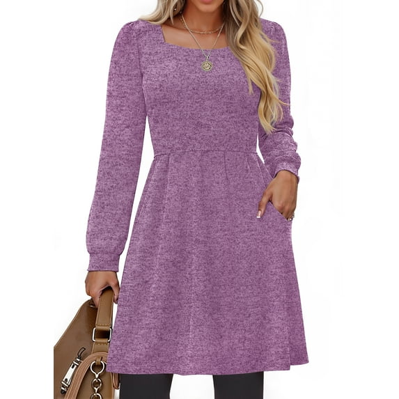 Fantaslook Square Neck Long Sleeve Dresses for Women Casual Trendy Sweater Dress with Pockets