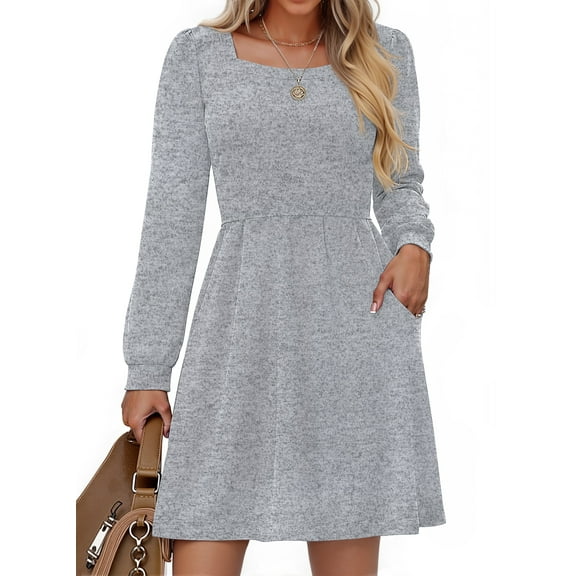 Fantaslook Square Neck Long Sleeve Dresses for Women Casual Trendy Sweater Dress with Pockets