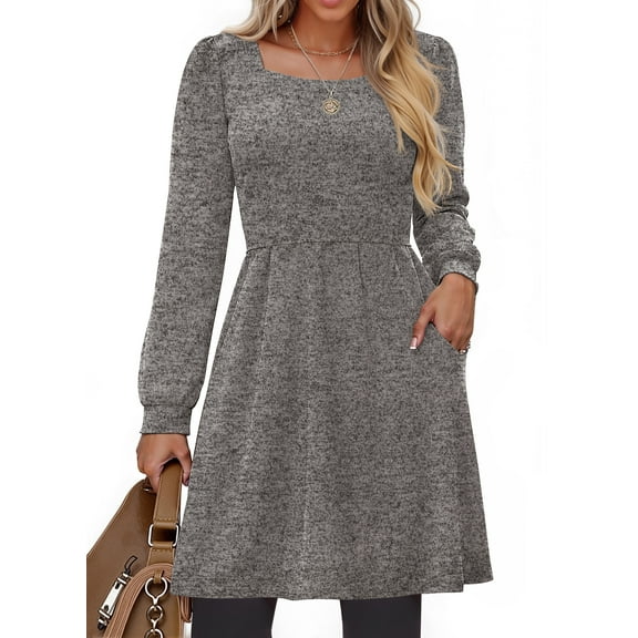 Fantaslook Square Neck Long Sleeve Dresses for Women Casual Trendy Sweater Dress with Pockets
