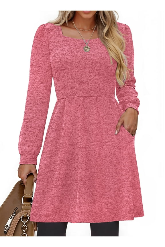 Square Neck Long Sleeve Dresses for Women Casual Trendy Sweater Dress with Pockets