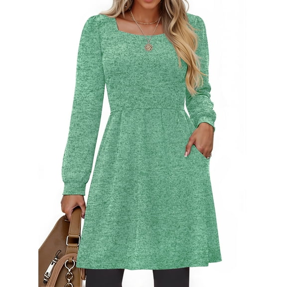 Fantaslook Square Neck Long Sleeve Dresses for Women Casual Trendy Sweater Dress with Pockets