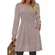 FANTASLOOK Square Neck Long Sleeve Dresses for Women Casual Trendy Sweater Dress with Pockets