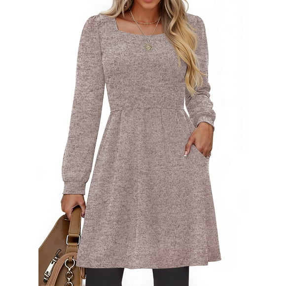 Fantaslook Square Neck Long Sleeve Dresses for Women Casual Trendy Sweater Dress with Pockets