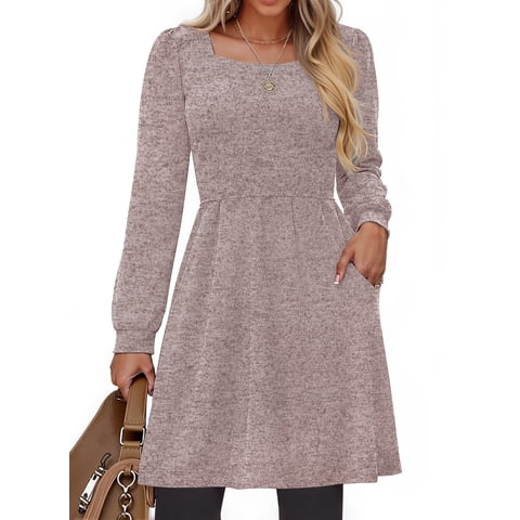 Square Neck Long Sleeve Dresses for Women Casual Trendy Sweater Dress with Pockets