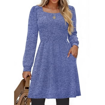 Fantaslook Square Neck Long Sleeve Dresses for Women Casual Trendy Sweater Dress with Pockets