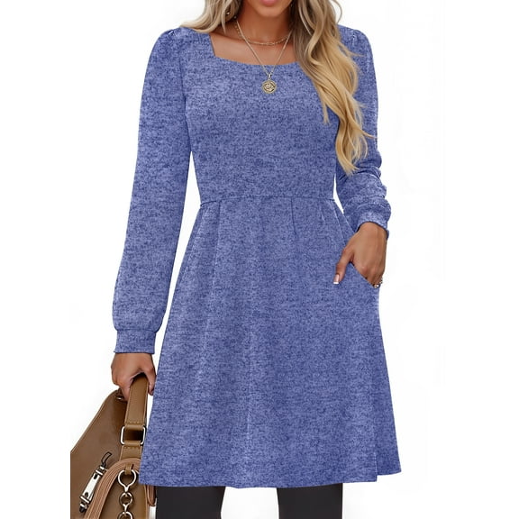 Fantaslook Square Neck Long Sleeve Dresses for Women Casual Trendy Sweater Dress with Pockets