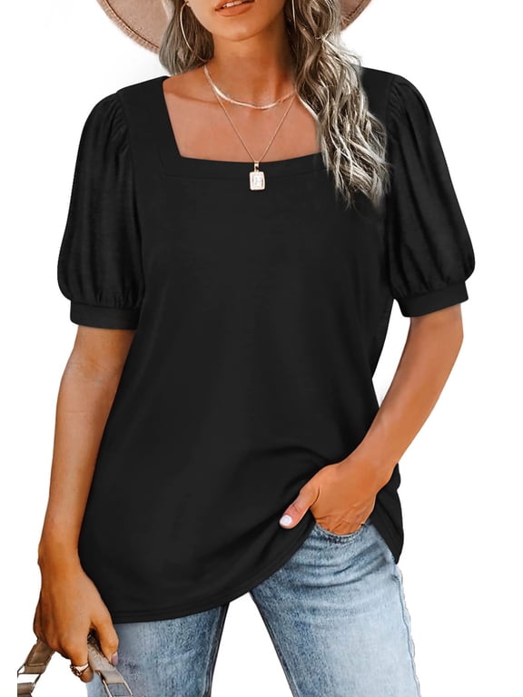 Square Neck T Shirts for Women Casual Puff Short Sleeve Shirts Summer Tops