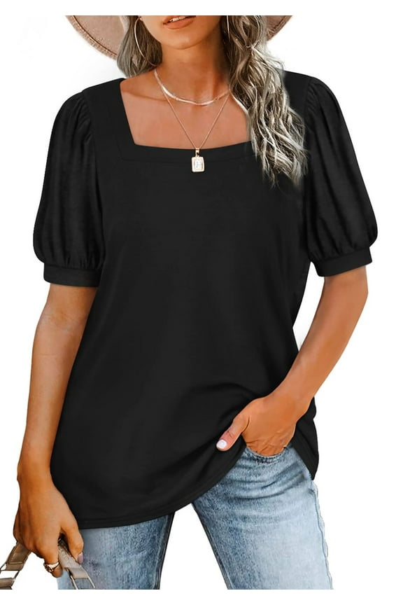 Square Neck T Shirts for Women Casual Puff Short Sleeve Shirts Summer Tops