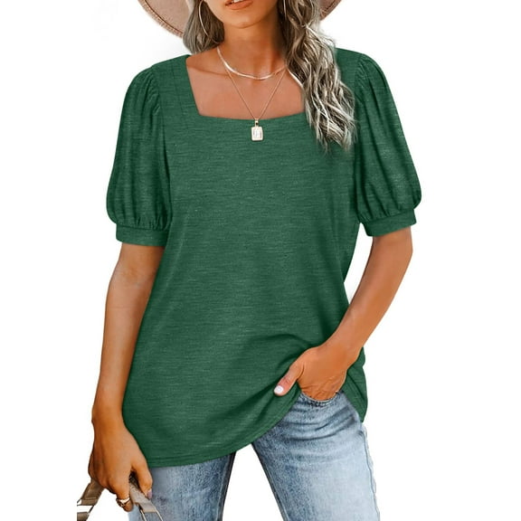 Fantaslook Square Neck T Shirts for Women Casual Puff Short Sleeve Shirts Summer Tops