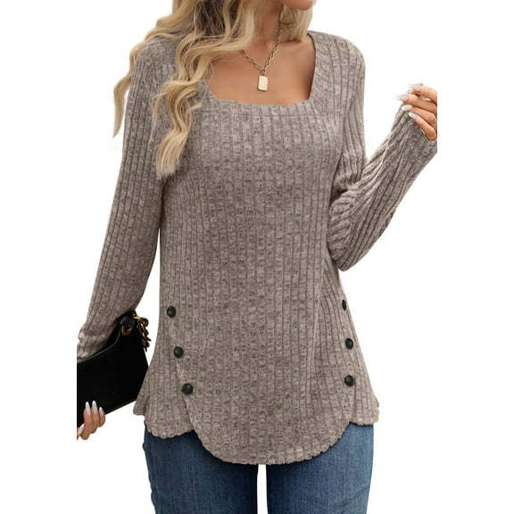 Fantaslook Square Neck Tops for Women Long Sleeve Dressy Blouses Button Side Tunic Shirts