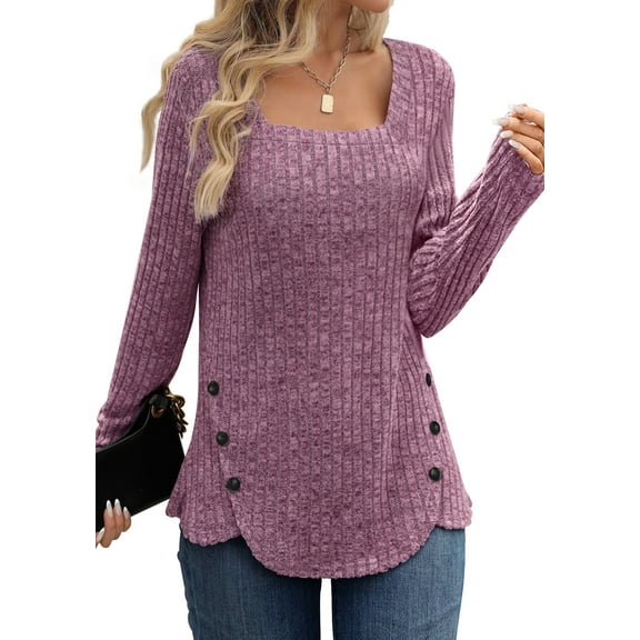 Fantaslook Square Neck Tops for Women Long Sleeve Dressy Blouses Button Side Tunic Shirts