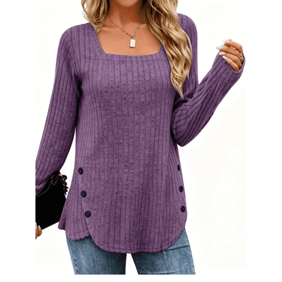 Fantaslook Square Neck Tops for Women Long Sleeve Dressy Blouses Button Side Tunic Shirts