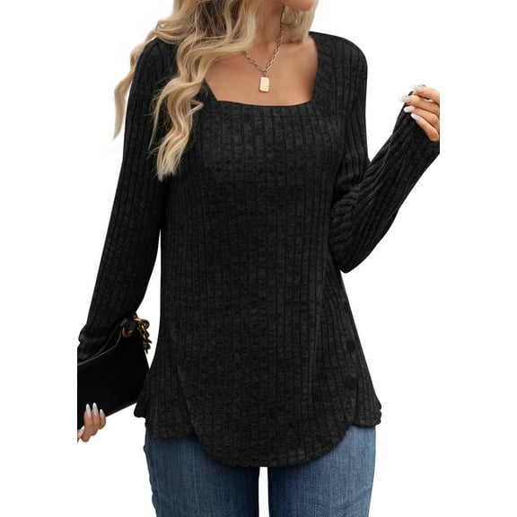 Fantaslook Square Neck Tops for Women Long Sleeve Dressy Blouses Button Side Tunic Shirts