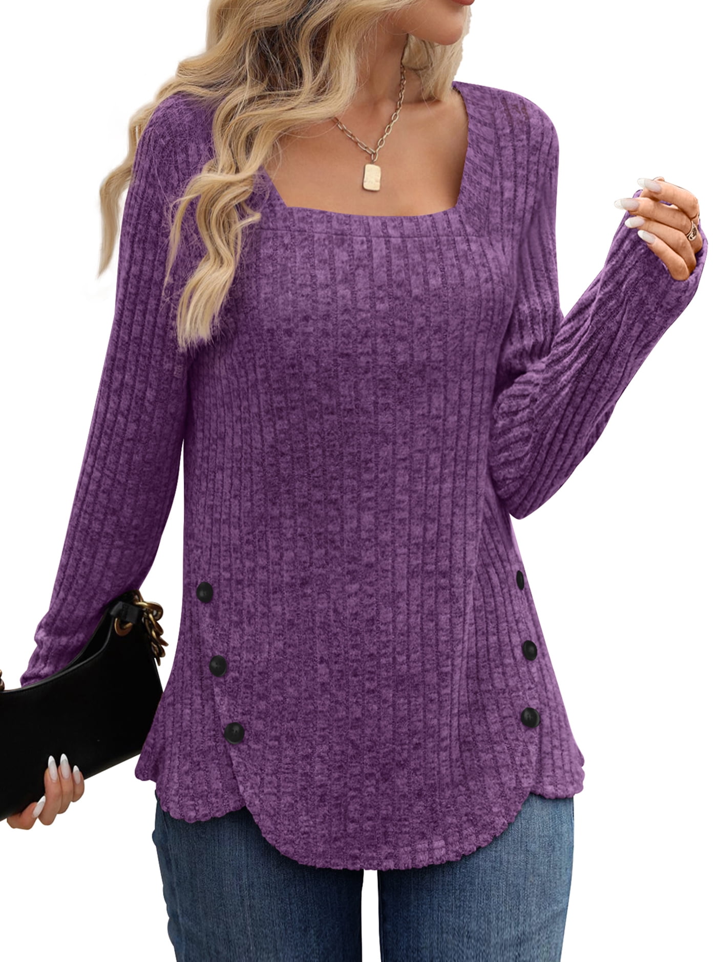 Fantaslook Square Neck Tops for Women Long Sleeve Dressy Blouses Button ...
