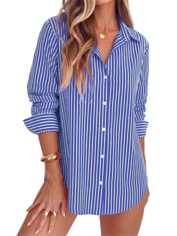 Striped Button Down Shirts for Women Classic Long Sleeve Collared Office Work Blouses Tops