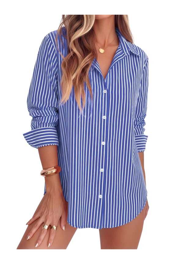 Striped Button Down Shirts for Women Classic Long Sleeve Collared Office Work Blouses Tops