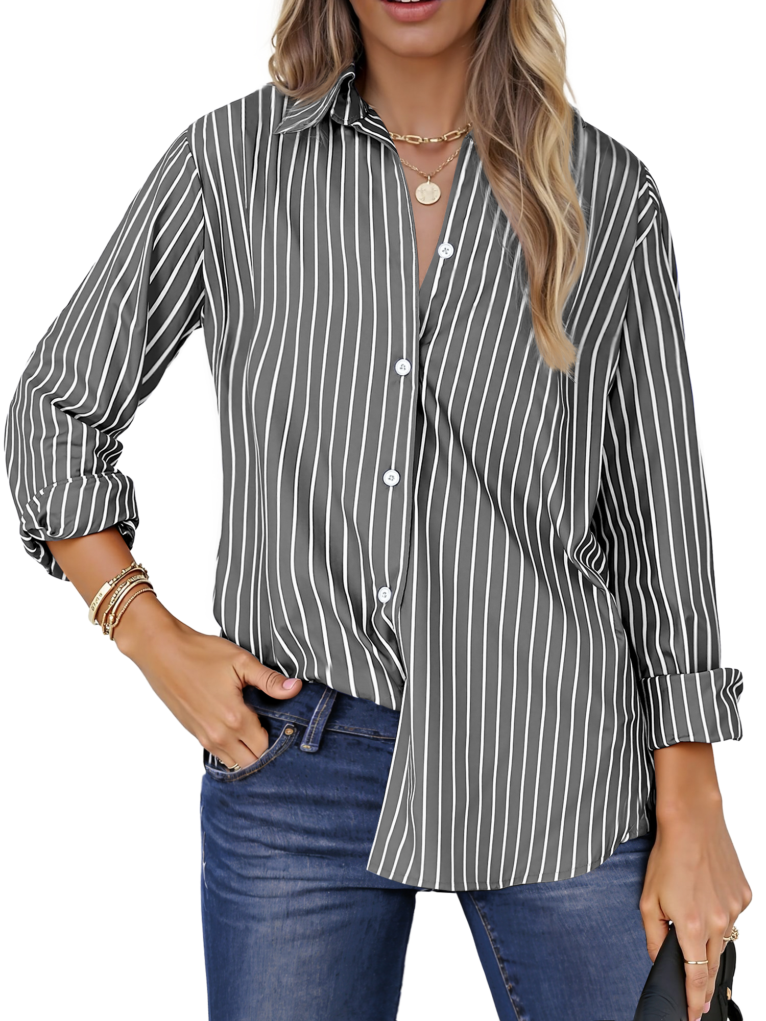 Fantaslook Striped Button Down Shirts for Women Classic Long Sleeve ...