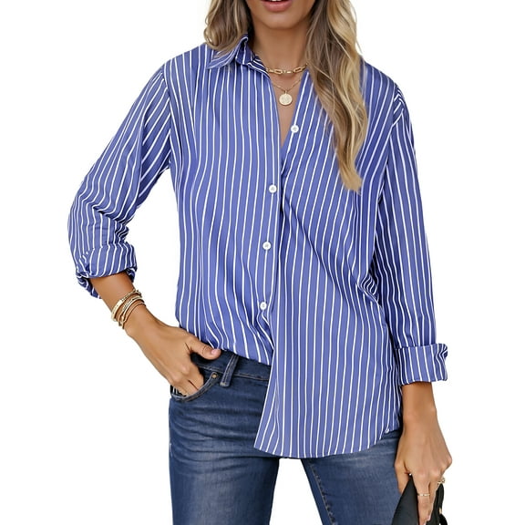 Fantaslook Striped Button Down Shirts for Women Classic Long Sleeve Collared Office Work Blouses Tops