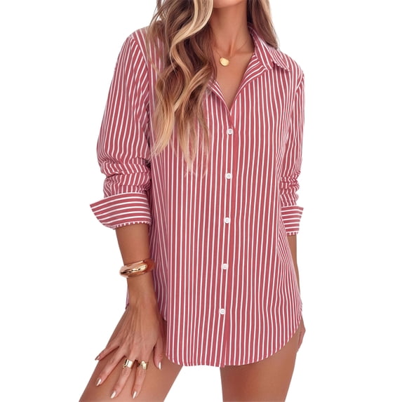 Fantaslook Striped Button Down Shirts for Women Classic Long Sleeve Collared Office Work Blouses Tops