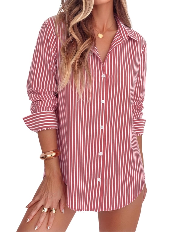 Striped Button Down Shirts for Women Classic Long Sleeve Collared Office Work Blouses Tops