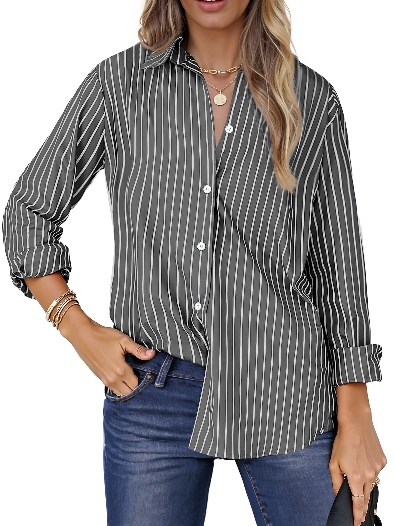 Fantaslook Striped Button Down Shirts for Women Classic Long Sleeve ...