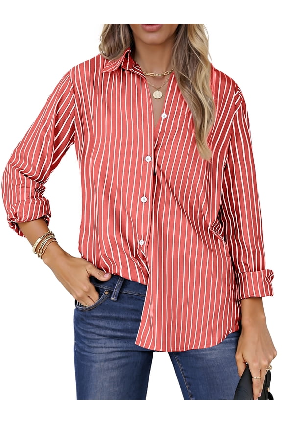 Striped Button Down Shirts for Women Classic Long Sleeve Collared Office Work Blouses Tops