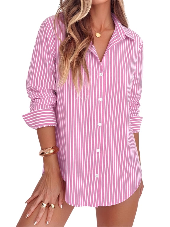Striped Button Down Shirts for Women Classic Long Sleeve Collared Office Work Blouses Tops