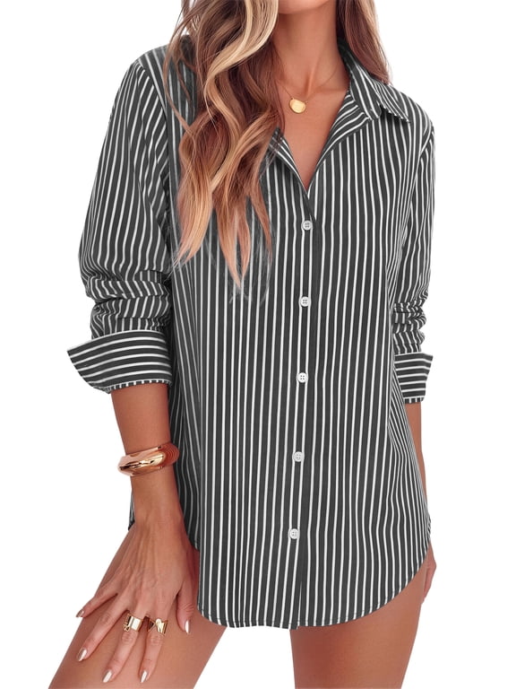 Striped Button Down Shirts for Women Classic Long Sleeve Collared Office Work Blouses Tops