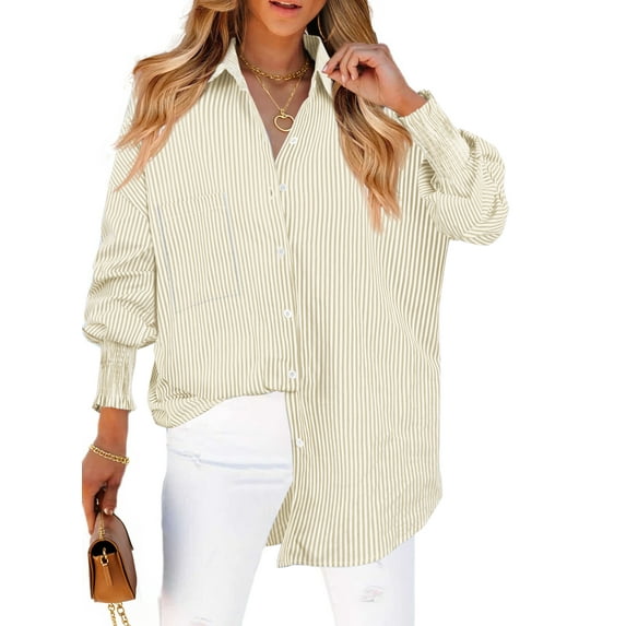 Fantaslook Striped Button Down Shirts for Women Smocked Cuffed Trendy Blouse Causal Long Sleeve Tops with Pocket