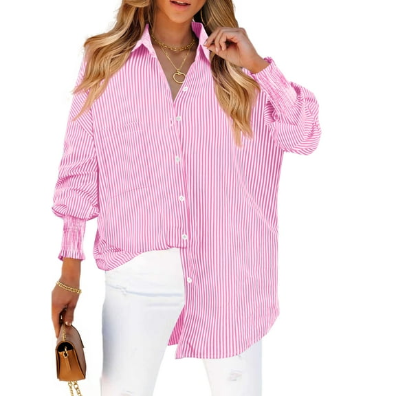 Fantaslook Striped Button Down Shirts for Women Smocked Cuffed Trendy Blouse Causal Long Sleeve Tops with Pocket
