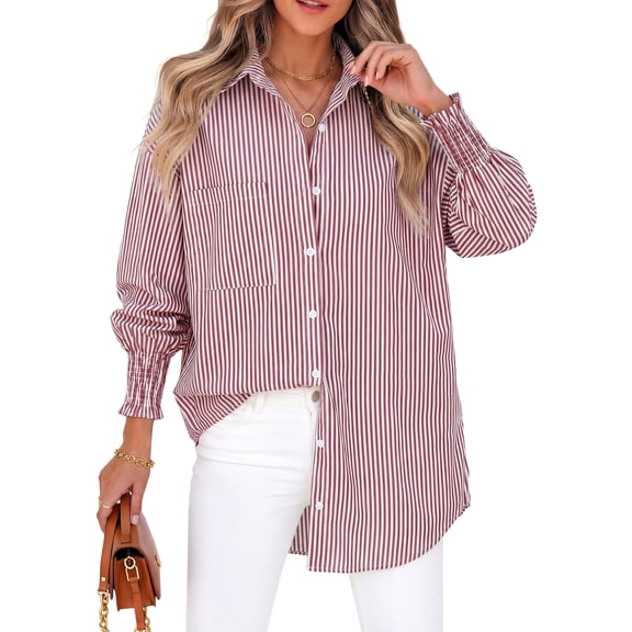 Fantaslook Striped Button Down Shirts for Women Smocked Cuffed Trendy Blouse Causal Long Sleeve Tops with Pocket
