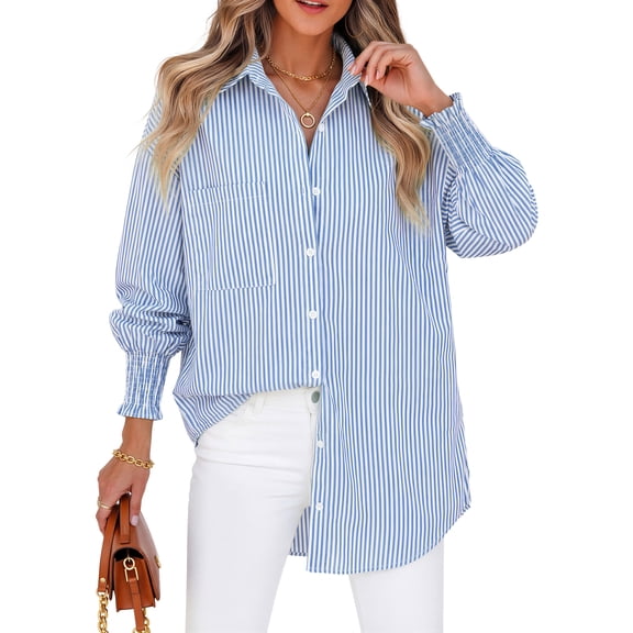 Fantaslook Striped Button Down Shirts for Women Smocked Cuffed Trendy Blouse Causal Long Sleeve Tops with Pocket