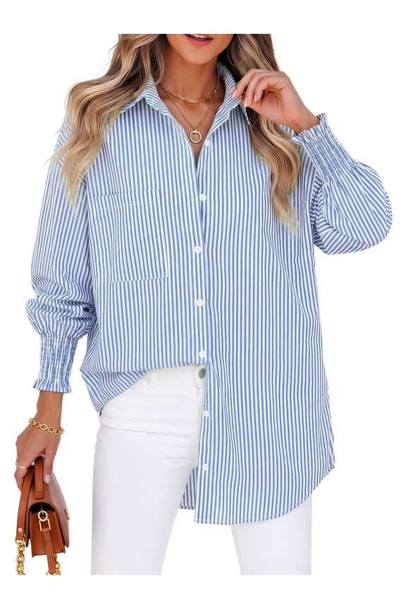 Striped Button Down Shirts for Women Smocked Cuffed Trendy Blouse Causal Long Sleeve Tops with Pocket