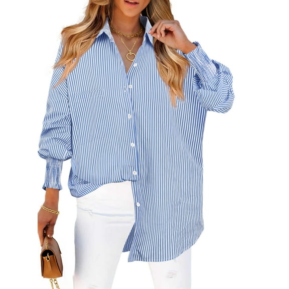 Fantaslook Striped Button Down Shirts for Women Smocked Cuffed Trendy Blouse Causal Long Sleeve Tops with Pocket