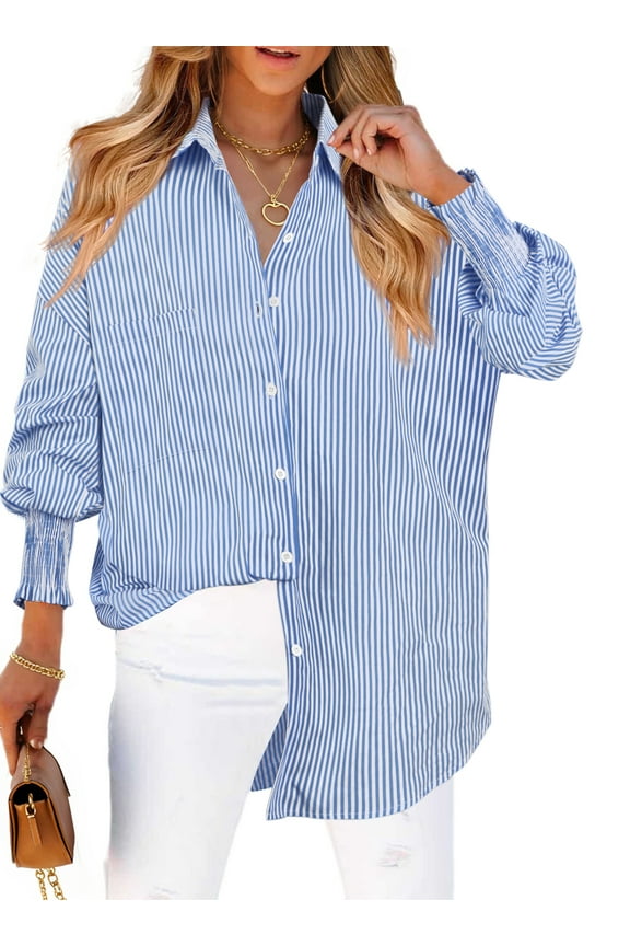 Striped Button Down Shirts for Women Smocked Cuffed Trendy Blouse Causal Long Sleeve Tops with Pocket