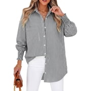 Fantaslook Striped Button Down Shirts for Women Smocked Cuffed Trendy Blouse Causal Long Sleeve Tops with Pocket